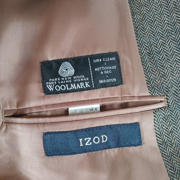 Izod Pure Wool Woolmark Sport Coat Herringbone Mens 48R Formal Semi-Formal - Picture 3 of 7